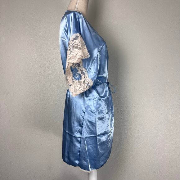 Vintage Wendy Ann Blue Satin Lace Trim Robe Kimono Wrap Dress Loungewear Large - Picture 5 of 8